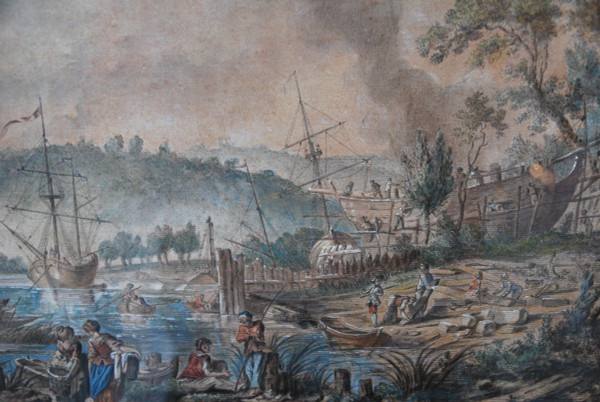 Jean Baptiste Lallemand, Watercolor Port Scene 18th Century School