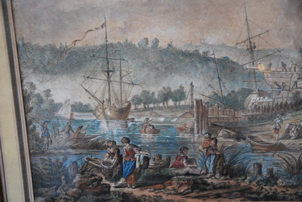 Jean Baptiste Lallemand, Watercolor Port Scene 18th Century School