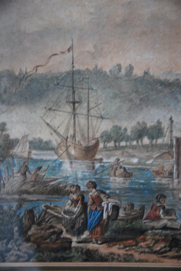 Jean Baptiste Lallemand, Watercolor Port Scene 18th Century School