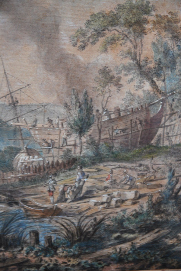 Jean Baptiste Lallemand, Watercolor Port Scene 18th Century School