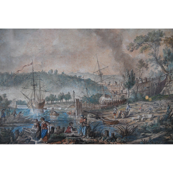 Jean Baptiste Lallemand, Watercolor Port Scene 18th Century School