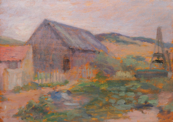 Paul SIEFFERT, Femme à la palanche dans un paysage breton en bord de mer / Maison bretonne