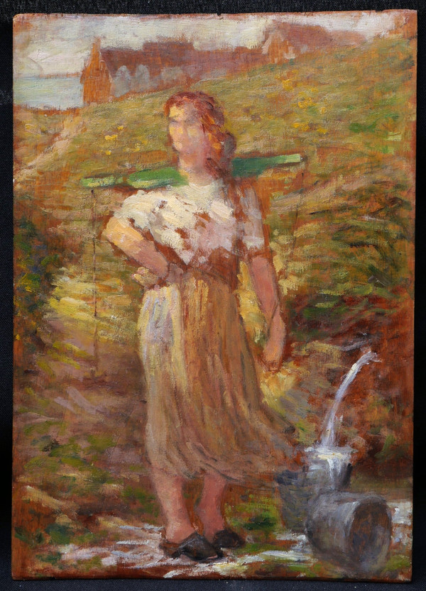 Paul SIEFFERT, Femme à la palanche dans un paysage breton en bord de mer / Maison bretonne