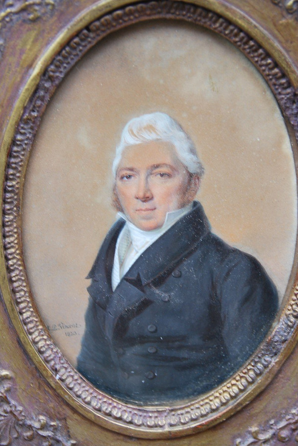 Gouache Portrait d'Homme, Miniature Signed De Antoine Paul Vincent