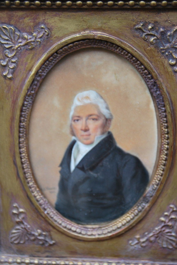 Gouache Portrait d'Homme, Miniature Signed De Antoine Paul Vincent