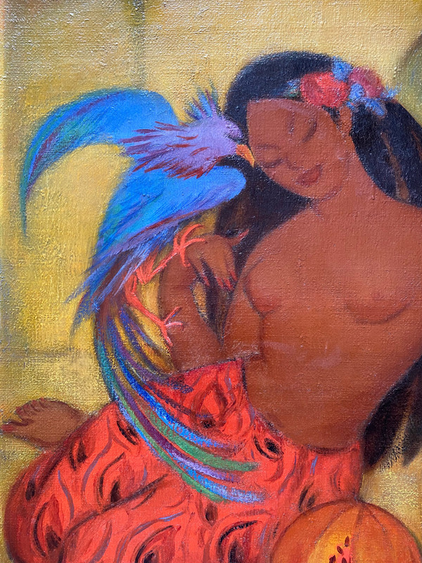 Polynesian with blue bird of paradise. Oil on canvas. L. Galand-Legendre.