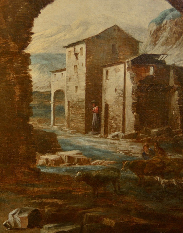 Antonio Travi Said 'Sestri' (Genua 1608 - 1665), Landschaft mit Ruinen und biblischer Szene