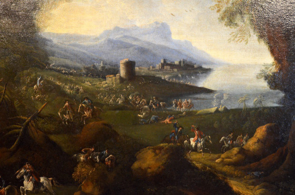 Pandolfo Reschi (1643-1699), Coastal Landscape With Walled Town, Castle And Battle Scene