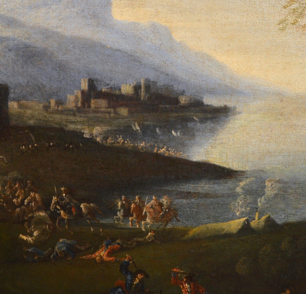 Pandolfo Reschi (1643-1699), Coastal Landscape With Walled Town, Castle And Battle Scene