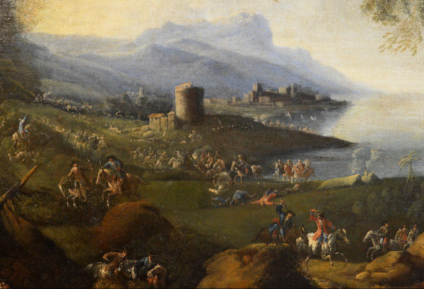 Pandolfo Reschi (1643-1699), Coastal Landscape With Walled Town, Castle And Battle Scene