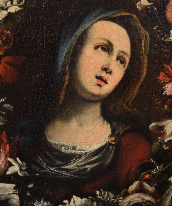 Giovanni Stanchi (rome 1608 - 1675) Workshop, Flower Garland With The Virgin Mary