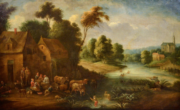 Paysage Fluvial Avec Scène De Village, Adrien Frans Boudewijns (bruxelles1644-1711)