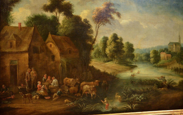 Paysage Fluvial Avec Scène De Village, Adrien Frans Boudewijns (bruxelles1644-1711)