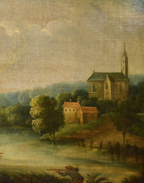 Paysage Fluvial Avec Scène De Village, Adrien Frans Boudewijns (bruxelles1644-1711)