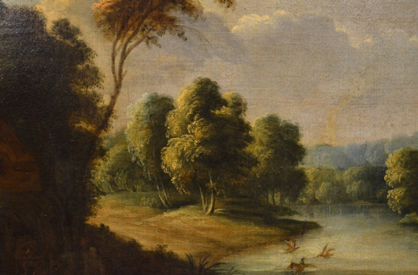 Paysage Fluvial Avec Scène De Village, Adrien Frans Boudewijns (bruxelles1644-1711)