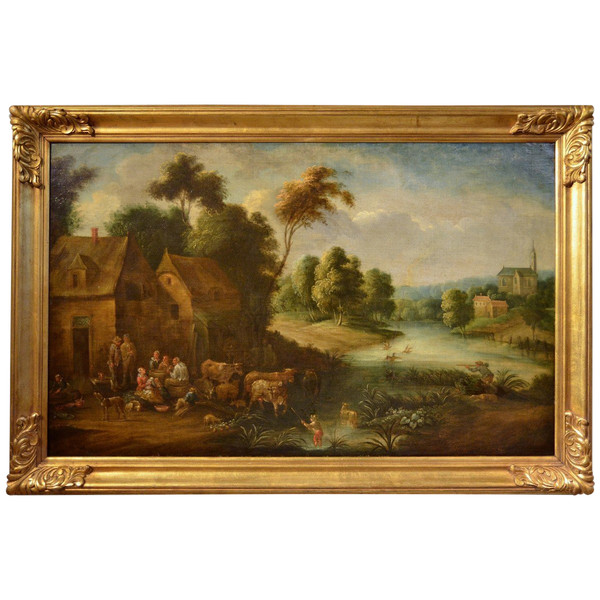 Paysage Fluvial Avec Scène De Village, Adrien Frans Boudewijns (bruxelles1644-1711)