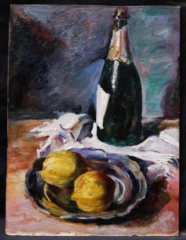 École ALLEMANDE ou AUTRICHIENNE début XXème siècle, Nature morte à la bouteille de champagne