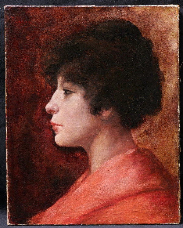 PARRAN, Portrait of a brunette woman in a red dress in profile