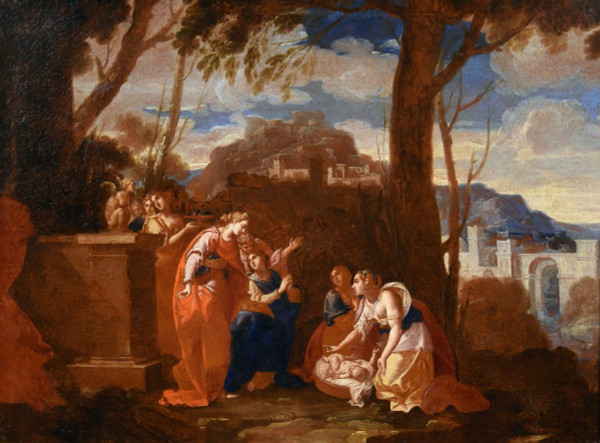 Nicolas Poussin (159a4 - 1665) Atelier, Der kleine Moses, der von der Tochter des Pharao gefunden wurde