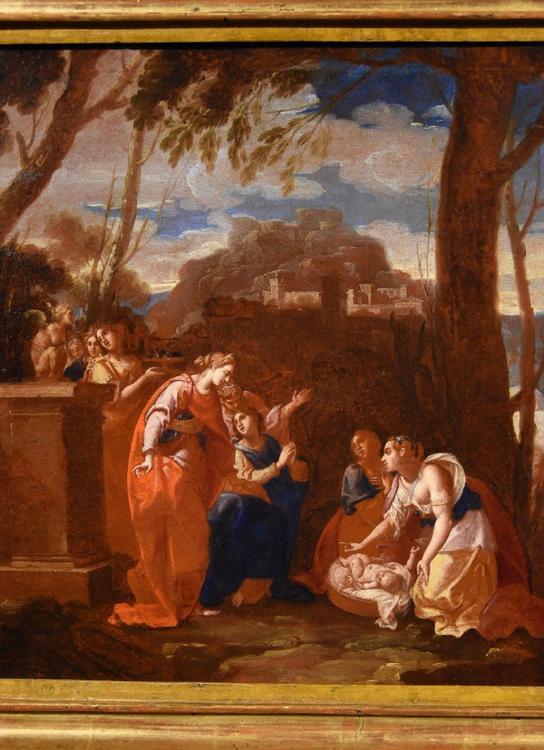 Nicolas Poussin (159a4 - 1665) Atelier, Der kleine Moses, der von der Tochter des Pharao gefunden wurde