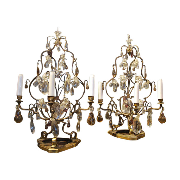 Pair Of Girandoles In Bronze And Baguès Crystal