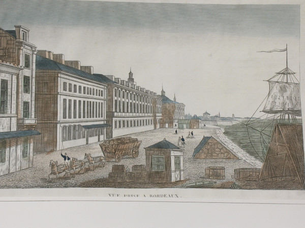 Watercolor optical view of the Chartrons quays in Bordeaux 18th century