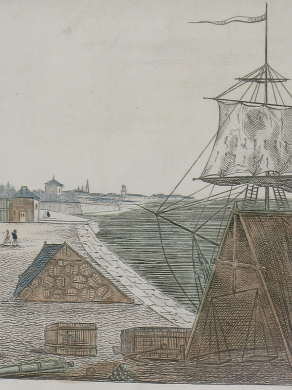 Watercolor optical view of the Chartrons quays in Bordeaux 18th century