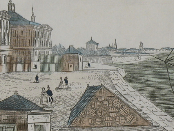 Watercolor optical view of the Chartrons quays in Bordeaux 18th century