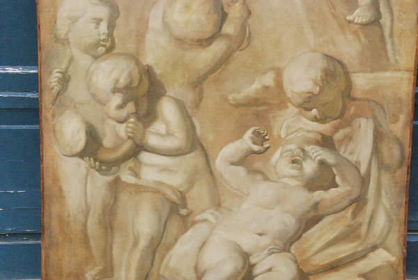 Grande Huile Sur Toile Putti En Grisaille