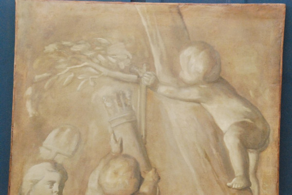 Grande Huile Sur Toile Putti En Grisaille