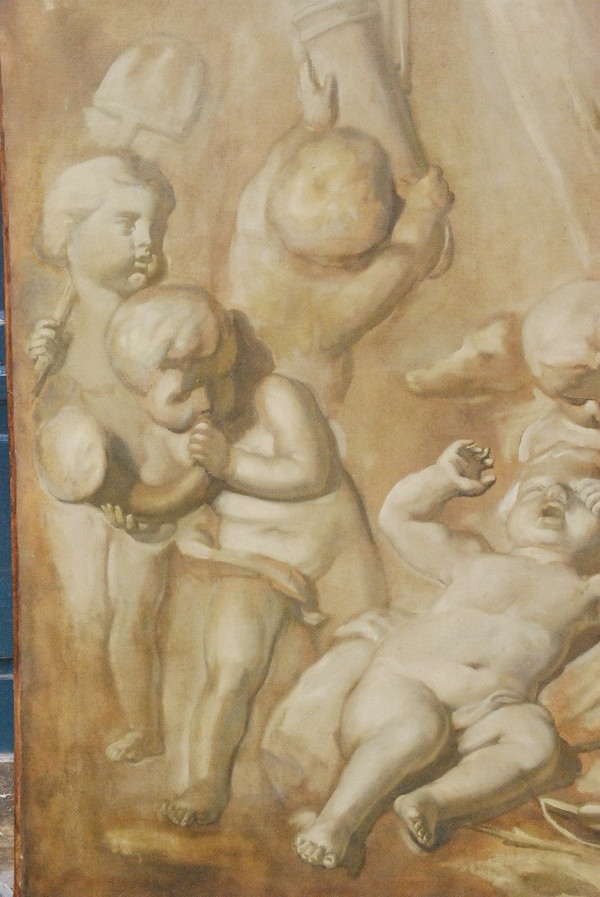 Grande Huile Sur Toile Putti En Grisaille