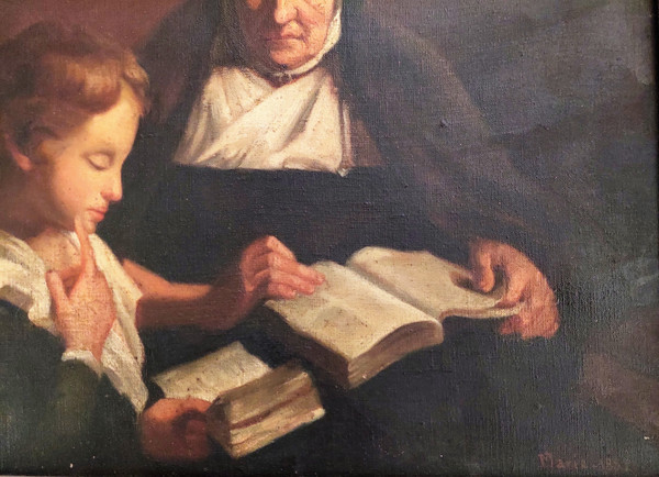 Oil on canvas scene of a nun giving a catechism lesson to a child