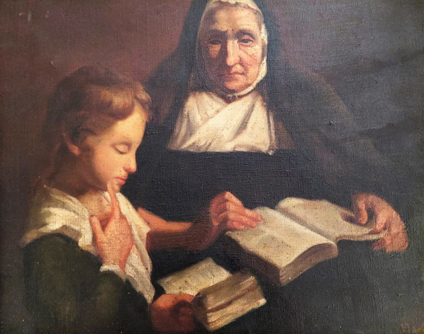 Oil on canvas scene of a nun giving a catechism lesson to a child