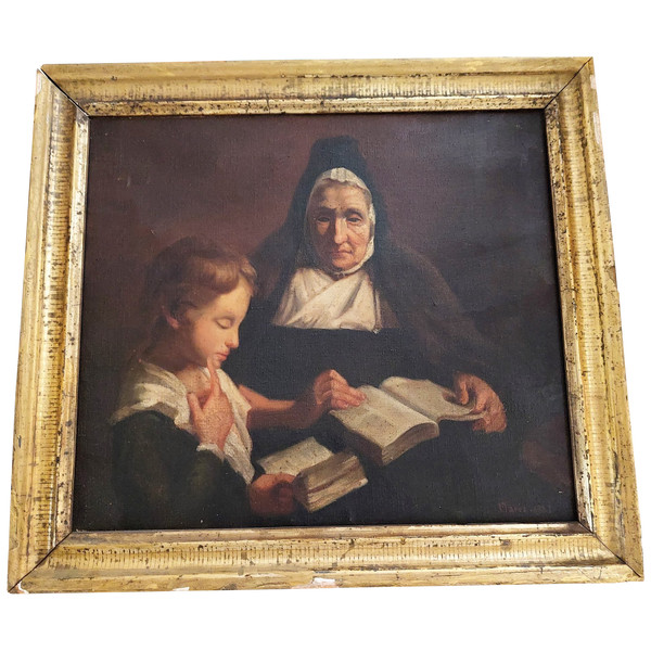 Oil on canvas scene of a nun giving a catechism lesson to a child