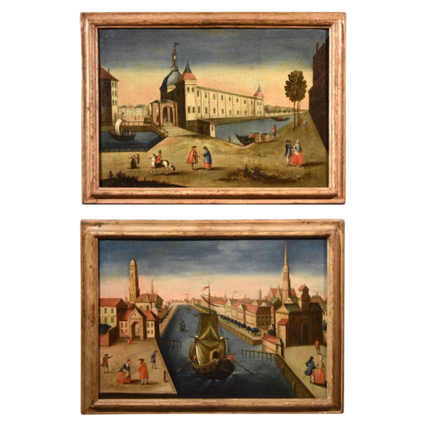 Pair Of Views Of Rotterdam, 18th Century Vedutist Painter