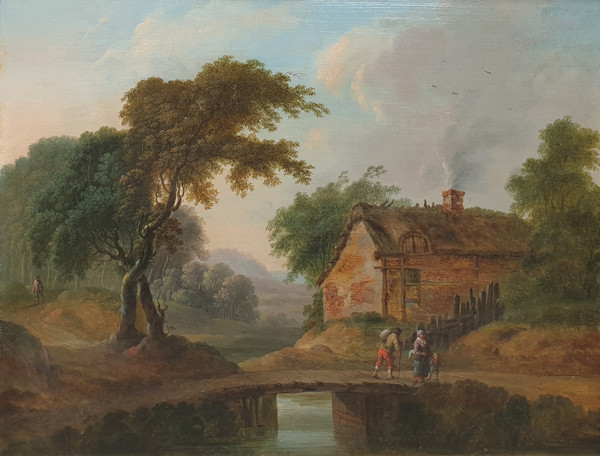 Flemish school of the 18th century - Animated landscape with a bridge and a thatched cottage