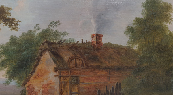 Flemish school of the 18th century - Animated landscape with a bridge and a thatched cottage