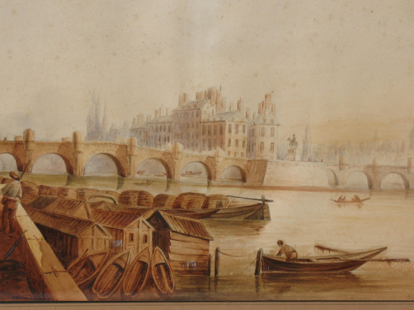 Ansicht der Pont Neuf in Paris großes gerahmtes Aquarell aus dem 19.