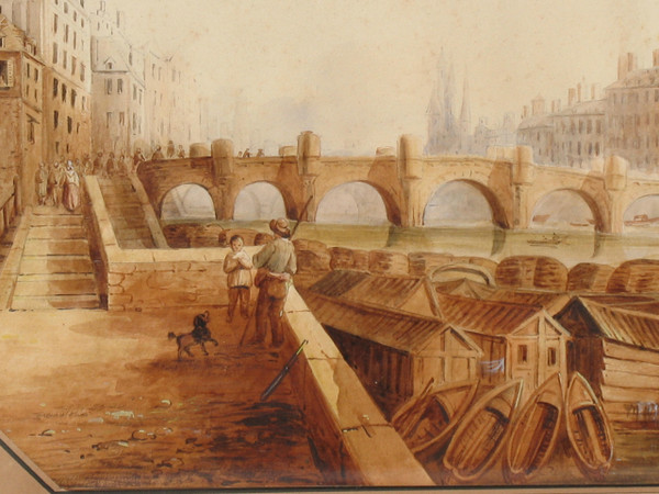 Ansicht der Pont Neuf in Paris großes gerahmtes Aquarell aus dem 19.