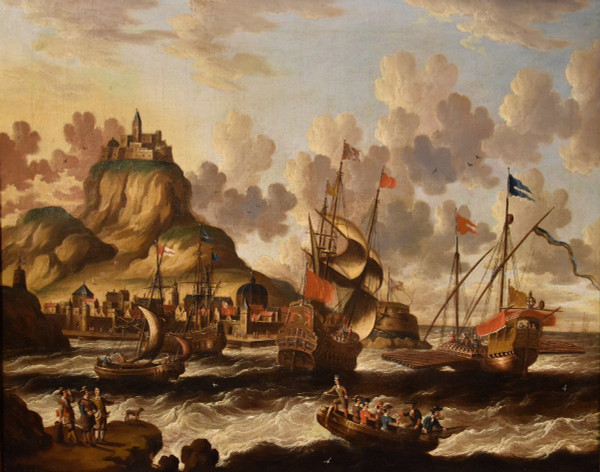 Coastal View With Ships And Castle, Peter Van Der Velde (antwerp 1634 - C.1714) Monogrammed