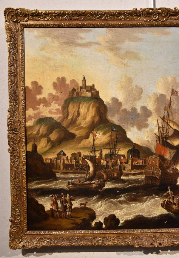 Coastal View With Ships And Castle, Peter Van Der Velde (antwerp 1634 - C.1714) Monogrammed