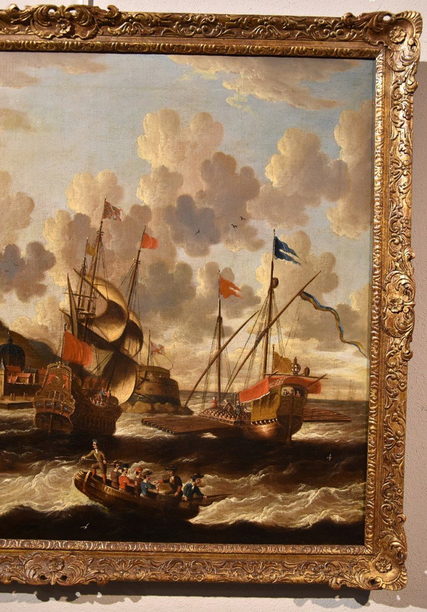 Coastal View With Ships And Castle, Peter Van Der Velde (antwerp 1634 - C.1714) Monogrammed