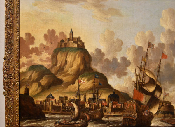 Coastal View With Ships And Castle, Peter Van Der Velde (antwerp 1634 - C.1714) Monogrammed