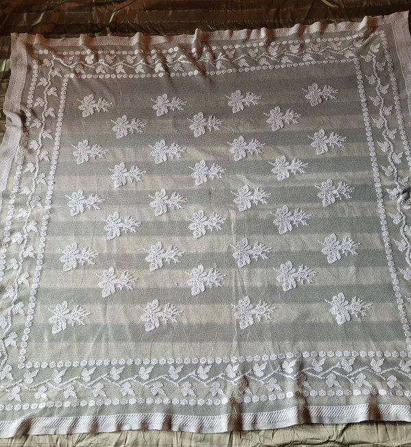 Small embroidered tulle tablecloth, circa 1900