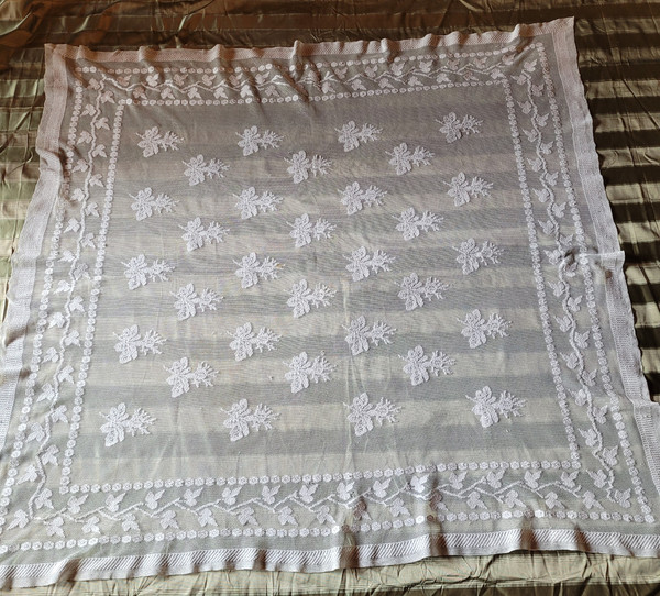 Small embroidered tulle tablecloth, circa 1900