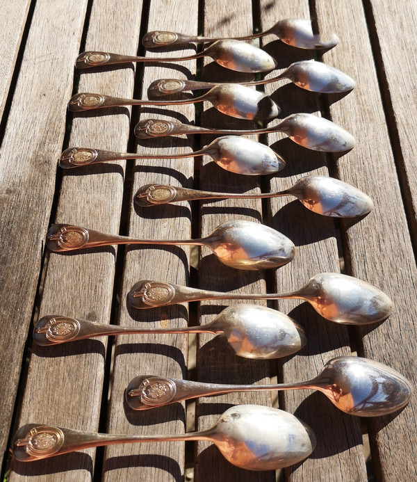 12 solid silver coffee spoons "baguette" model medallion and figured minerve goldsmith Veuve Théodore succ. Ravinet d'Enfert