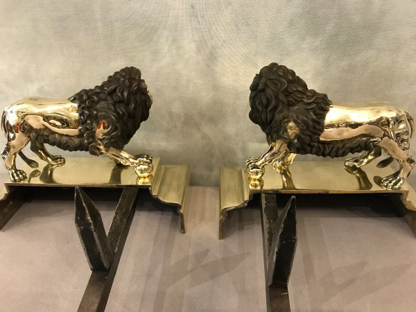 Pair Of Antique Bronze Andirons From The 19th Century Model With Lions