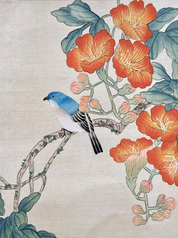 Chine, Années 1950, Peinture Sur Soie Oiseau Parmi Les Branches En Fleur. 