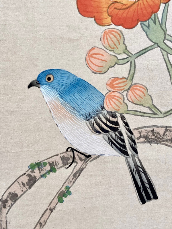 Chine, Années 1950, Peinture Sur Soie Oiseau Parmi Les Branches En Fleur. 