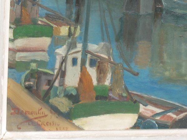 Port du Croisic oil on isorel signed Georges Demoulin Port scene